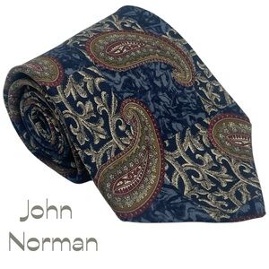 John Norman Navy Tan Paisley Silk Necktie